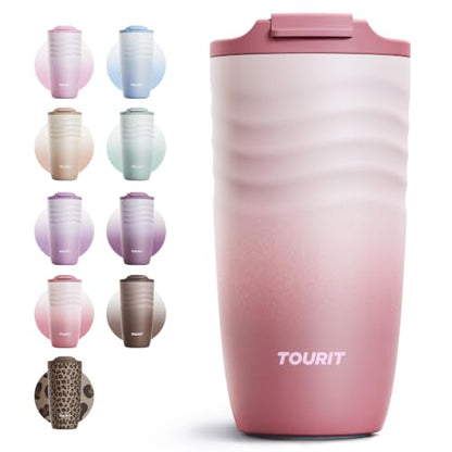 TOURIT 16 oz Insulated Travel Coffee Mug Stainless Steel Tumbler, Rose | Vacuum insulated travel mug with ripple-wave anti-slip grip, leakproof lid & silicone bottom, fits standard car cup holders - color: Rose, size: 16 Ounces