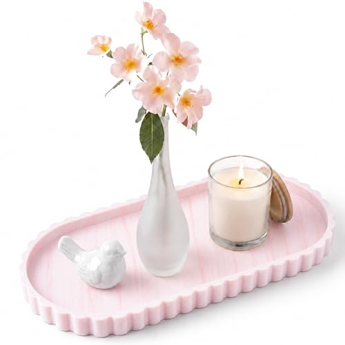 Silicone Bathroom Tray - 12''x5.3'' Oval Vanity Tray for Bathroom Countertop with Scalloped Edge, Elegant Bathroom Holders and Organizers for Toilet Top, Bathtub Caddy, Marble White Pink - color: Marble White Pink, size: 12" x 5.3" x 0.8"