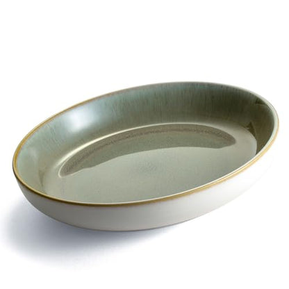 Sango Resona Moss Green Stoneware Bowls (Set of 4) – Durable Stoneware with Reactive Glaze Finish, Microwave & Dishwasher Safe, Perfect for Everyday Dining & Entertainment - color: Green/Cream, size: Pasta Bowl Set