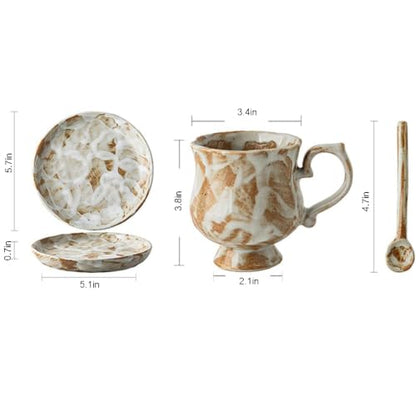 Porcelain Tea Cup and Saucer Set with Spoon, Unique Ceramic Latte Mug for Birthday, Restaurant, Wedding, Office, Kitchen Gift