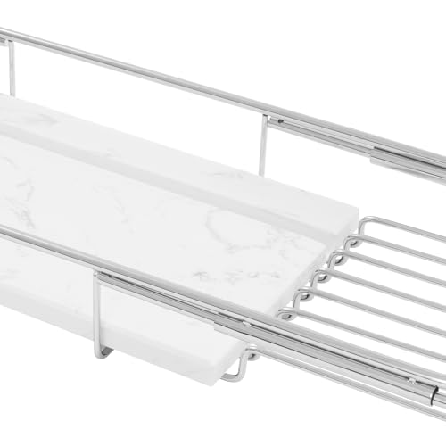 Expandable Stainless Steel Bathtub Caddy Tray, Adjustable Over Tub Rack Marble Board Anti-Slip Groove Raised Guardrail Modern Bath Organizer for Home Hotel Bathroom Use (Silver+White) - color: Silver+white