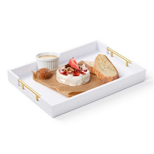 Serving Tray for Ottoman - 17"x12" Large Wood and Faux Leather Decorative Tray for Coffee Table Platter, Living Room Decor, Bathroom - Rectangle Tray with Gold Polished Metal Handles - color: White Faux Leather Tray