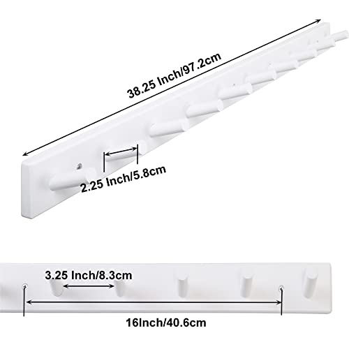 SKOLOO Wall Mounted Coat Rack 38", 10 Hooks, Bamboo, Shaker Style, White | Wood wall hooks, painted finish, 100-lb cap, entry/bath/bed, hanging backpack coat towel hat, long pegs, 16" stud spacing - color: White, size: 38 inch