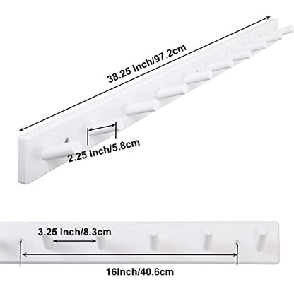 SKOLOO Wall Mounted Coat Rack 38", 10 Hooks, Bamboo, Shaker Style, White | Wood wall hooks, painted finish, 100-lb cap, entry/bath/bed, hanging backpack coat towel hat, long pegs, 16" stud spacing - color: White, size: 38 inch