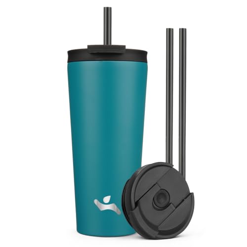 Konokyo 22 oz Insulated Tumbler Water Bottle with Straw Lid, Blue | Stainless steel insulated tumbler for coffee, water and iced drinks; spill-proof lid, 2 straws, cup-holder friendly - color: Blue, size: 22 Ounces