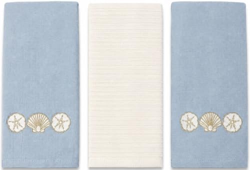 Coastal Kitchen Towels- Set of 3 Blue White 100% Cotton Embroidered Elegant Coastal Shells Gold Design - 16 x 26 Multipurpose Towels for Everyday Use - color: Coastal Shells Gold