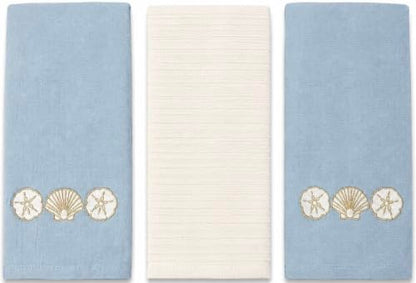 Coastal Kitchen Towels- Set of 3 Blue White 100% Cotton Embroidered Elegant Coastal Shells Gold Design - 16 x 26 Multipurpose Towels for Everyday Use - color: Coastal Shells Gold