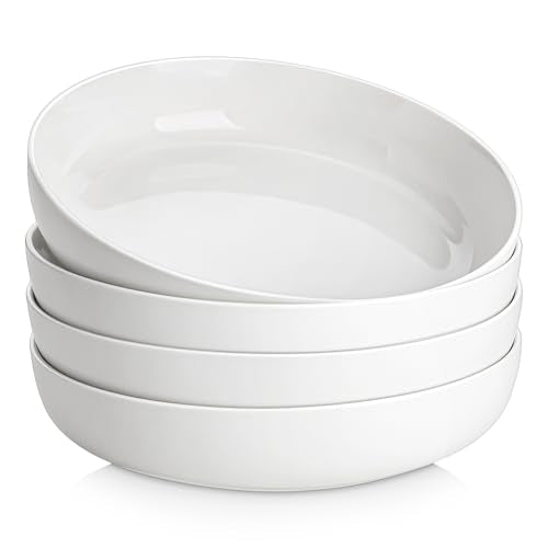 MALACASA 48 Oz Pasta Bowls Set of 4, Ceramic Salad Bowls, White | Microwave, Oven (482F), and Dishwasher Safe, For Pasta, Salad, Cereal, and Soup, 9 Inch Wide Shallow Design, Stackable, LUNA - color: White