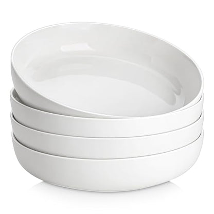 MALACASA 48 Oz Pasta Bowls Set of 4, Ceramic Salad Bowls, White | Microwave, Oven (482F), and Dishwasher Safe, For Pasta, Salad, Cereal, and Soup, 9 Inch Wide Shallow Design, Stackable, LUNA - color: White
