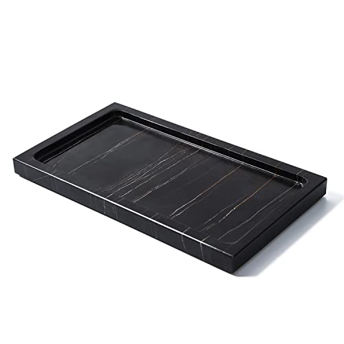JIMEI Marble Bathroom Vanity Tray Dresser Makeup Storage Organizer 9 inch | Black Real Marble, Natural Stone, Hand-made polished, Multi-purpose tray holds guest towels and napkins, countertop organizer