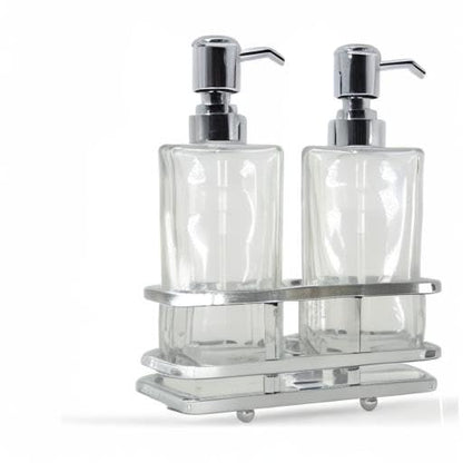 Square Glass Clear Lotion and Soap Pump Dispenser Set with Metal Stand Caddy for Bathroom Bath Kitchen Home Office Travel Hotel Hand Crafted Heavy Weight Chrome - color: Chrome
