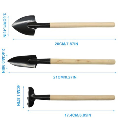 Mini Garden Tools, 3 Pcs Indoor Gardening Tools Set with Small Trowel, Mini Shovel & Hand Rake, Rust-Resistant Metal & Solid Wood for House Plant Tools, Succulent & Bonsai Potting