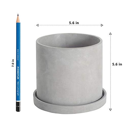Ekirlin 5.6 Inch Indoor Plant Pot, Natural Cement Grey Garden Planters, Outdoor Concrete Flower Plant Pots with Drain Hole Saucer Tray, Modern Succulents Containers for Home Decor & Garden Plants - size: 5.6 inch