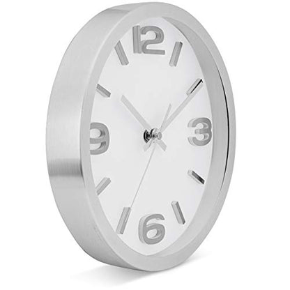 Bernhard Products Modern Wall Clock 10 Inch Silver Silent Non Ticking Battery Operated Round Elegant Metal Quality Quartz for Kitchen Home Office Clock with 3D Numbers, Easy to Read - color: Silver & Afternoon White