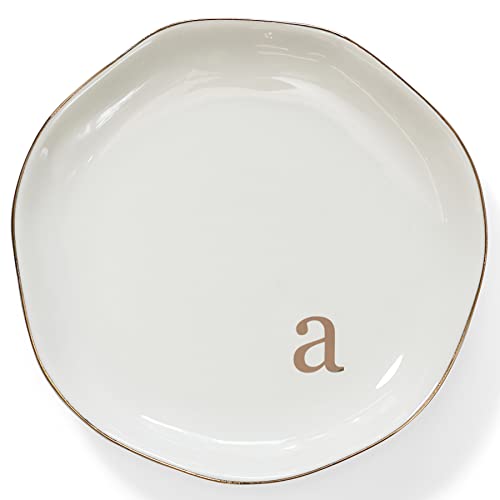 Initials Ring Dish Jewery Tray with Personalized A-Monogrammed Engagement Wedding Gifts for Friends,Sister,Birthday Christmas Gifts for Women,Ceramic White - style: a
