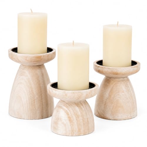 Candle Holders for Pillar Candles (Medium Set of 3) - Mangowood Candle Holder Wood - Farmhouse Wooden Candle Holders - Floor Candle Stand for Fireplace