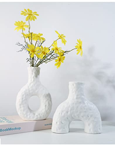 NA Ceramic Vase, Donut Dried Flower Special-Shaped Living Room Flower Arrangement Vase, Nordic Geometric Figure Hydroponic Table Home Decoration (White A)