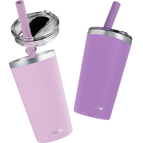 CUPKIN Toddler Tumblers, The Original 12 oz Stackable Stainless Steel Cups, Set of 2 Powder Coated Insulated Kids Water Bottle Alternative & BPA Free Lids + Reusable Silicone Straws (Pink + Purple) - color: Pink + Purple, size: 12 Fl Oz (Pack of 2)