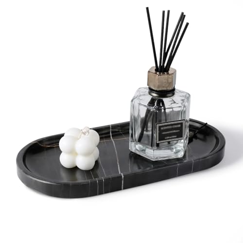 Black Marble Vanity Tray for Bathroom Countertop, 10"x5" Natural Marble Catchall Tray Perfume Trays for Dresser, Stone Jewelry Dish Candle Holder for Home Decor, Stone Oval Trays - color: Noiraziza Black