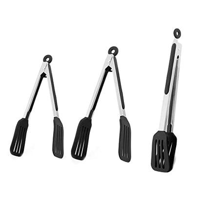 3 PCS Stainless Steel & Silicone Cooking Tongs Set (7", 9", 12") | Heat Resistant, Non-Stick, Locking Handle, Dishwasher Safe, for Grilling Steak Salad Pasta Buffet Serving, Black - color: Black, size: 7 & 9 & 12 inch