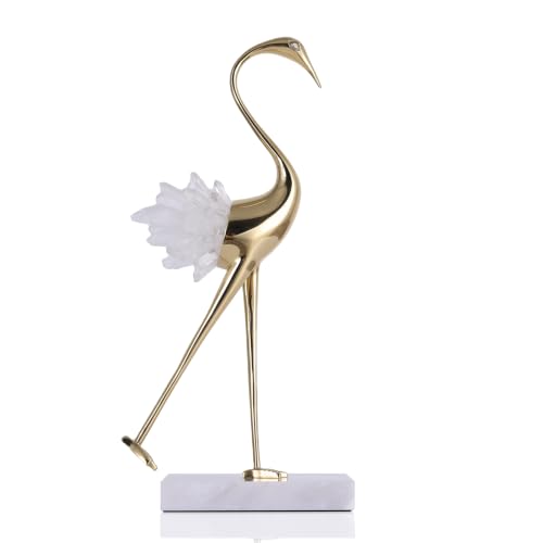 suruim Elegant Gold Crane Bird Statues with Crystal Tail Accents, Decorative Brass Figurines for Home Decor (White B) | Brass Bird Sculpture on Marble Base, Modern Tabletop Decor for Living Room, Entryway, Office and Shelf - color: White B, size: B