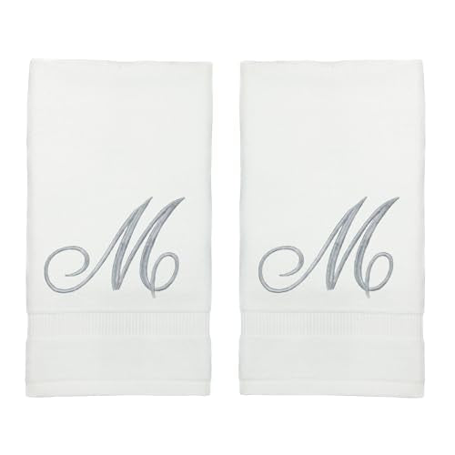 Monogrammed Fingertip Towels, Personalized Gift, 11 x 18 Inches - Set of 4 - Silver Script Embroidery - Extra Absorbent 100% Turkish Cotton- Soft Terry Velour- for Bathroom, Kitchen and Spa- M White - style: Initial M