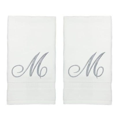 Monogrammed Fingertip Towels, Personalized Gift, 11 x 18 Inches - Set of 4 - Silver Script Embroidery - Extra Absorbent 100% Turkish Cotton- Soft Terry Velour- for Bathroom, Kitchen and Spa- M White - style: Initial M