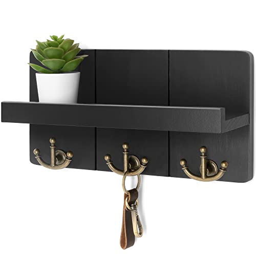 Rebee Vision Key Holder Wall Mount with 3 Hooks for Entryway, Modern Black | Key Holder for Wall, Floating Shelf, Plant Display, Mail Organizer, Rustic Key Hanger, Decorative Storage, Home Decor Accent - color: Black