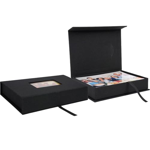 5x7 in Photo Storage Box with Window, Linen Black | Clear PVC window, magnetic closure, holds 5x7 photos, memory keepsake for wedding baby gift - color: Black, size: 5 x 7 Inch