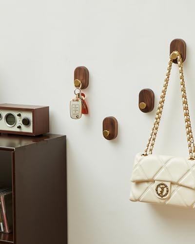 Wood Coat Hooks Wall Mount - Modern Walnut Coat Hook with Bronze Accent for Hanging Clothes,Keys,Purse,Robes,Towel,Backpacks, Single Brass Wall Hooks Heavy Duty for Entryway, Closet, Bathroom (4 Pack) - size: HT-4Pack