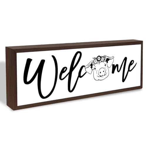 Welcome Wood Home Decor Signs, Welcome Funny Cute Piggy Animal Wood Plaque, Home Tabletop Desk Decorative Sign, Farmhouse Piggy Porch Decor, Hanging Decorative Wooden Plaque 9.5x3.1 Inches(A12) - color: welcome 12