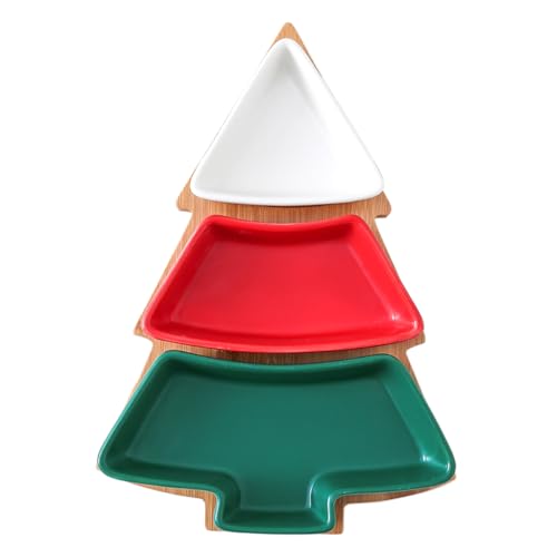 Colorful Christmas Tree Plate Chip & Dip Set, 12'' Ceramic Snack Plate with Bamboo Tray, Removable Porcelain Christmas Tree Appetizer Dessert Fruit Salad Saucers Bowl Cutlery Platter Serving Dish