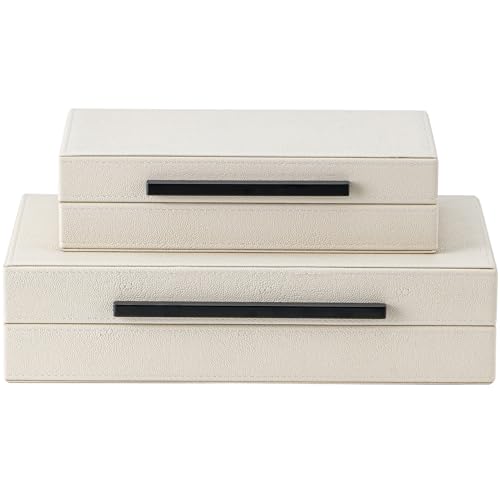 XIGEXIGE Set of 2 Beige Shagreen Decorative Storage Boxes with Black Metal Handles –Faux Leather Large Modern Stackable Nesting Jewelry Box with Lids Organizer - color: Beige+Black Handles, size: Set of 2