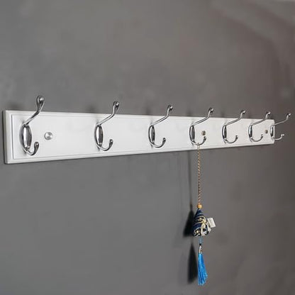 Wood Wall Mounted Coat Rack 32 inch (80cm) with 7 Silver Hooks, Lang Wooden White Wall Coat Hook Rack for Entrance, Hallway, Bedroom, White Wall Clothes Hanger - size: Long-31.5in(80cm),7 Silver Hooks, style: Modern
