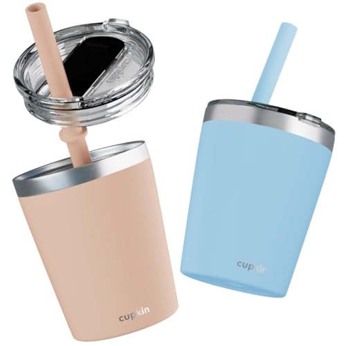 CUPKIN Toddler Straw Cups, The Original 8 oz Stackable Stainless Steel Cups for Kids, Set of 2 Powder Coated Insulated Straw Cup & BPA Free Lids + Reusable Silicone Straws (8oz Peach + Teal) - color: Peach + Teal, size: 8 Fl Oz (Pack of 2)