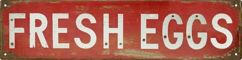 Retro Fresh Eggs Vintage Metal Tin Sign 4x16 in Chicken Farmhouse Wall Decor Rustic Red & Distressed Design Perfect for Kitchen Porch or Bedroom Unique Holiday Gift - color: Fresh Eggs
