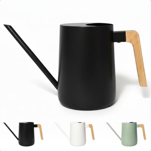 Metal Small Indoor Watering Can with Long Spout & Real Wood Handle, 35oz | Long Spout, Stainless Steel, Real Wood Handle, Gentle Flow, No Spills, Suitable for House Plants, Succulents & Seedlings - color: Black