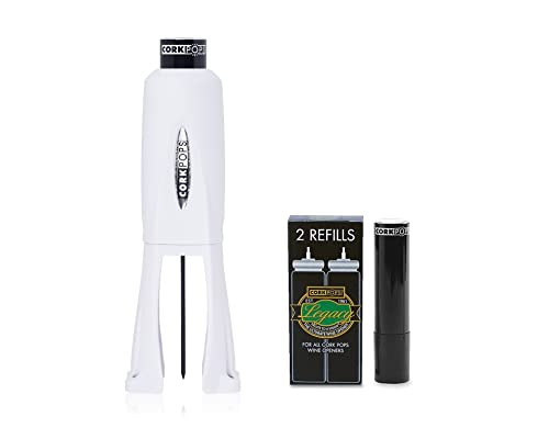 Cork Pops Legacy Wine Opener Built-in 4-Blade Foil Cutter Safe Cork Removal, Effortless Push Button Use, Needle Guard for Safety, Low-Pressure Cartridge Opens Up To 60 (White, With 3 Cartridges) - color: White, size: 3 Cartridges