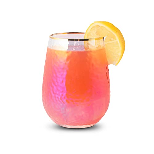 Rainbow Hammered Iridescent Stemless Wine & Water Glasses - Set of 4-100% Glass 15oz Mouthblown Colorful Pearl Glasses - Anniversaries, Birthday Gift, Cocktail Party Radiance - Water, Whiskey, Gift