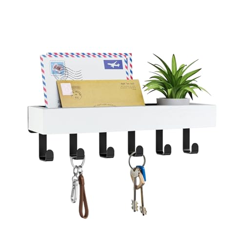 Key Holder Wall Mount with 6 Hooks, Drilling Key Holder for Wall with Wooden Tray, Multifunctional Key Rack with Mail Organizer for Entryway Living Room(White) - color: White