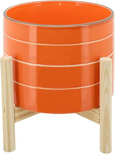 Striped Ceramic Planters with Wooden Stand as Home Decor Flower Pots for Entryway, Patio, Tabletop, and Garden - Colorful Decorative Pots for Indoor and Outdoor Plants - 9", Orange & Tan - color: Striped Orange, size: 8 Inch