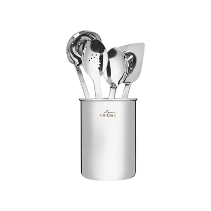 All-Clad 5-Piece Stainless Steel Kitchen Utensil Set – Includes Ladle, Solid Spoon, Slotted Spoon, Turner & Storage Caddy – Heavy-Gauge, Ergonomic, Dishwasher Safe, Silver - size: 5-Piece