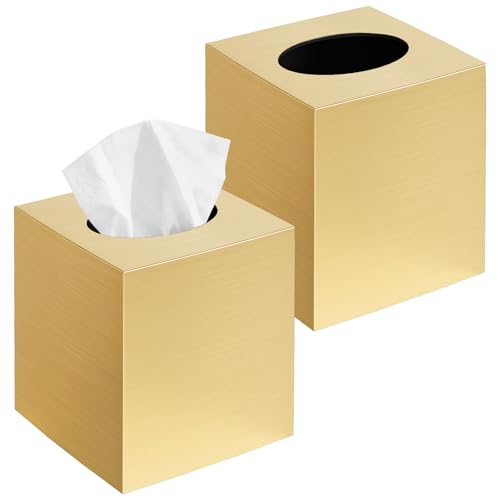 2 Pack Tissue Box Cover, Square Acrylic Tissue Holder Non-Slip Base, Gold | modern,non-slip,easy to refill,compatibility for tissue & rollsfor bathroom countertops,dressers,night stand,parlors,office - color: Gold, size: 2pack