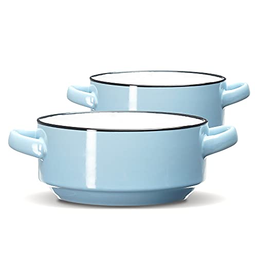 ECODECO Ceramic Soup Bowls with Handles – Set of 2 (16 oz) – Blue | Oven & Microwave Safe – Gift Boxed – Ideal for French Onion Soup, Baked Meals & Housewarming Gifts - color: Blue