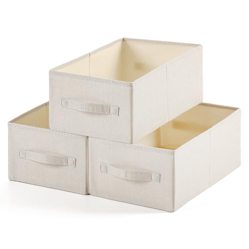 Linen Folding Storage Bins, 3 Pack Large Storage Baskets, Washable, Clothing Storage Bins with Handle, Closet Organizer for Storage Sweater,Sheets (Beige, 16" x9½x6¾) - color: Beige, size: 16"x9½"x6¾"