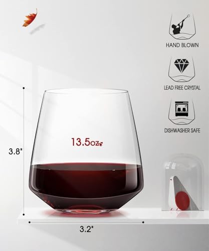 OJA Wine Glasses Set, Crystal Stemless Red Wine Glass, Set of 4, 13.5 oz | Dishwasher Safe, Red White Wine glass, Hand Blown, Unique Gifts for Him Her for Birthday, Wedding, Christmas, Anniversary - style: Set of 4-13.5 oz