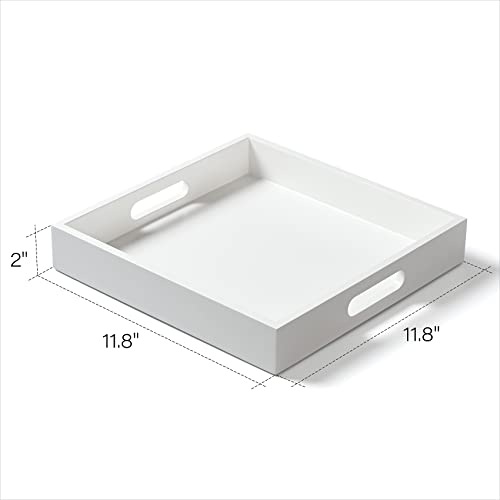 White Wooden Serving Tray with Handles, 12"x12"x2"H Square Countertop Organizer Tray， Decorative Cosmetics Trays for Kitchen, Bathroom, Sturdy Food Trays for Breakfast, Tea