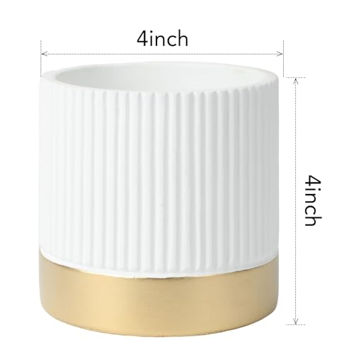 Set of 3 Cement Planter Pots with Drainage Hole,4 inch Plant Pots for Plants Indoor Houseplants,Succulent Pots Windowsil Planter (White&Gold) - color: White