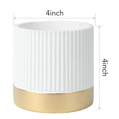 Set of 3 Cement Planter Pots with Drainage Hole,4 inch Plant Pots for Plants Indoor Houseplants,Succulent Pots Windowsil Planter (White&Gold) - color: White