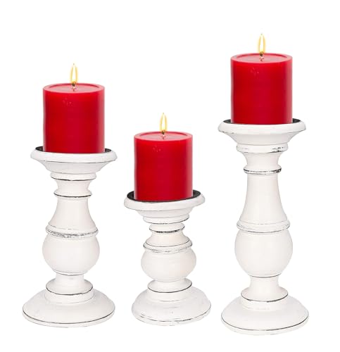 Candle Holders Set of 3 (10",8" & 6" Height)_White Antique,Pillar Candle Holder in Mango Real Wood,Decorative Candle Holders for Table Centerpiece, Wedding, Party, Home Décor, Spa, Farmhouse, Gifting - color: White Antique, size: 6"+8"+10" - High